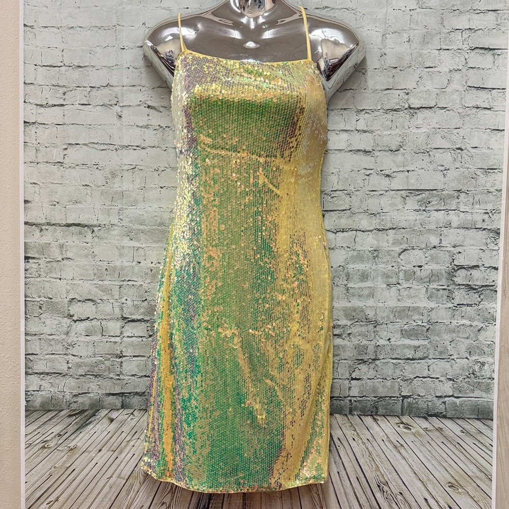 Yellow iridescent Sequin Spaghetti Strap Dress nwt